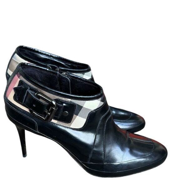 Burberry Black Patent And Nova Check Canvas Buckle Detail Ankle Booties Size 39 - Picture 3 of 8